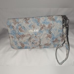 Blue and Brown Leather Wristlet Clutch